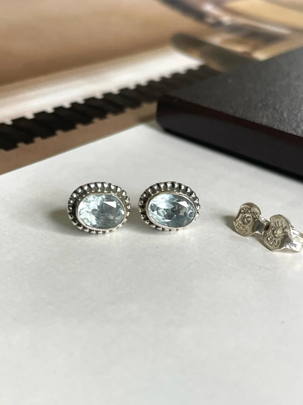 Blue Topaz stud Earrings 925 Sterling Silver,     V I B E S